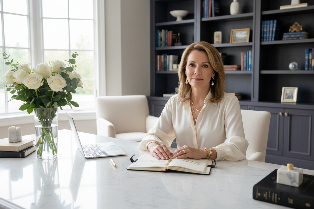Affluent elegant woman in her 50s sitting peacefully at a beautiful desk in a luxurious home office with a simple elegant planner, soft natural light and fresh flowers representing easy systems and effortless progress.