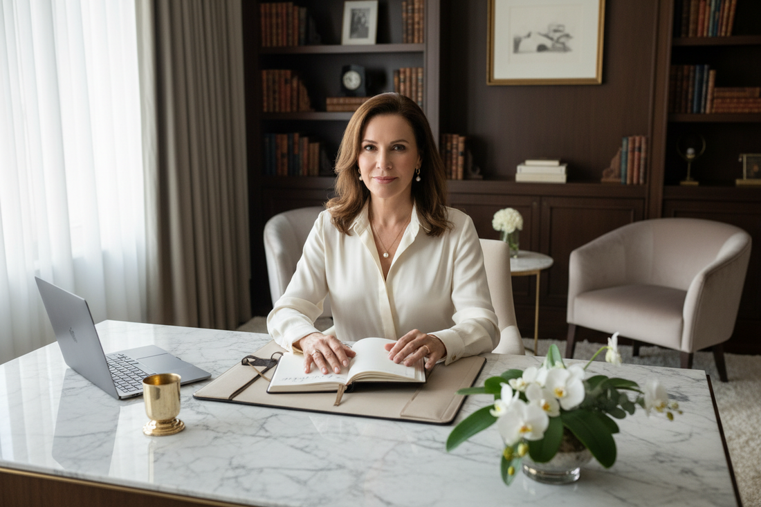 Affluent elegant woman in her 50s sitting peacefully at a beautiful desk in a luxurious home office with a simple elegant planner, soft natural light and fresh flowers representing easy systems and effortless progress.