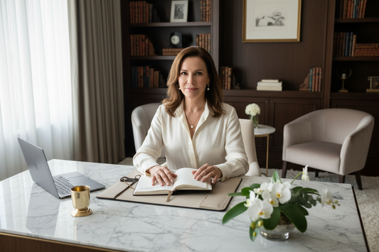 Affluent elegant woman in her 50s sitting peacefully at a beautiful desk in a luxurious home office with a simple elegant planner, soft natural light and fresh flowers representing easy systems and effortless progress.