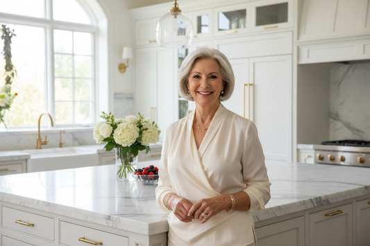 Affluent elegant woman in her 50s standing confidently in a stunning upscale kitchen with white marble countertops, smiling radiantly, soft natural light and fresh white flowers representing vibrant energy and natural metabolic health.
