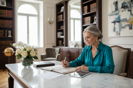 Affluent elegant woman in her 50s sitting at a beautiful desk in a luxurious home office reviewing documents, looking confident and focused, soft natural light and fresh flowers representing peak career years and long-term success.