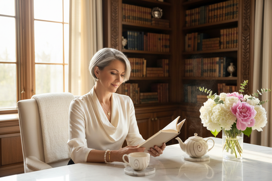  Affluent elegant woman in her 50s sitting serenely in a beautiful upscale home library reading calmly with a warm cup of tea, soft natural light and fresh flowers representing calm professional guidance and peaceful clarity.