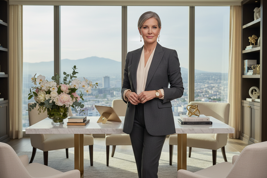 Elegant woman in her 50s in sophisticated business attire standing in a luxurious home office with soft natural light, fresh flowers, and marble desk accents, radiating confidence and vitality