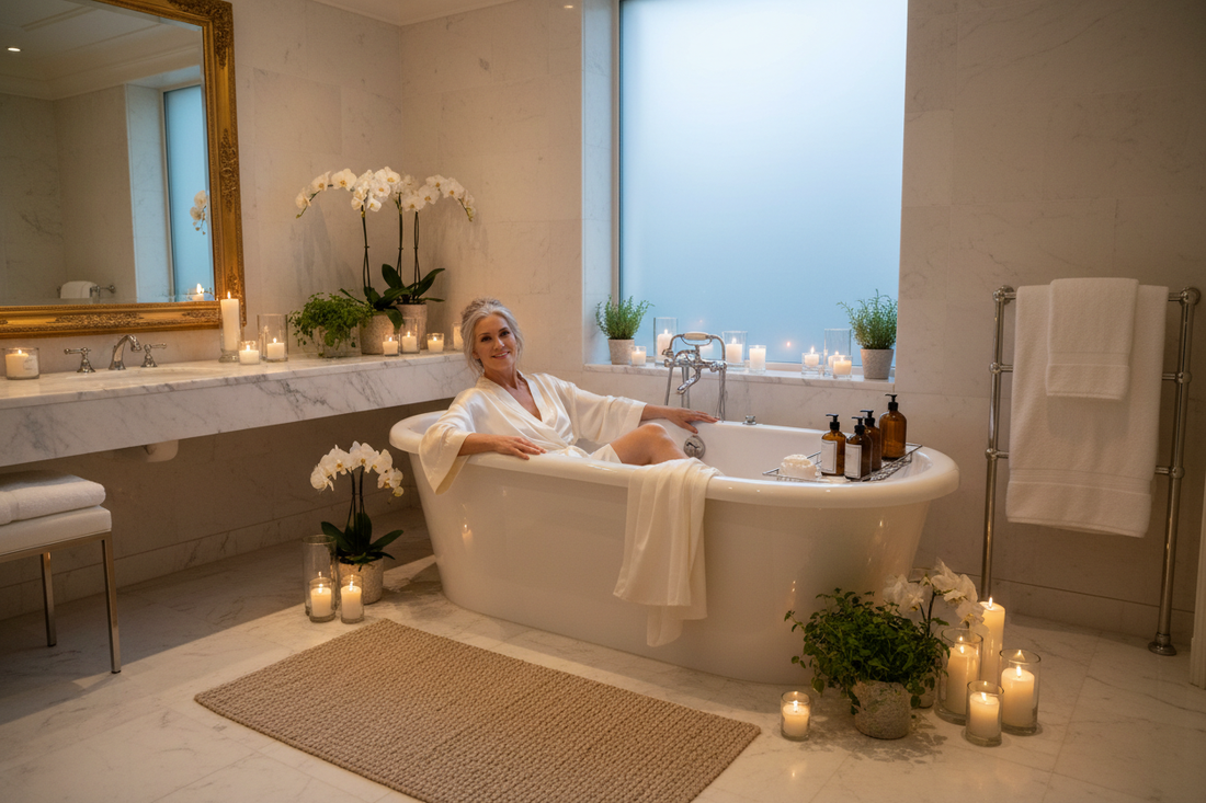 Elegant woman in her 50s relaxing in a luxurious spa-like marble bathroom wearing a silk robe, looking peaceful and deeply restored