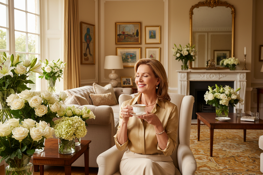 Elegant woman in her 50s sitting in a luxurious living room holding tea, looking peaceful and content in a high-end interior
