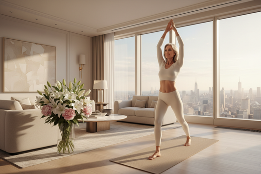  Elegant woman in her 50s doing gentle morning yoga in a sunlit luxury penthouse with city skyline view, looking radiant and empowered