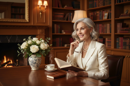 Elegant woman in her 50s sitting in a luxurious home library with bookshelves, wearing a chic blazer and pearls, looking wise and deeply fulfilled