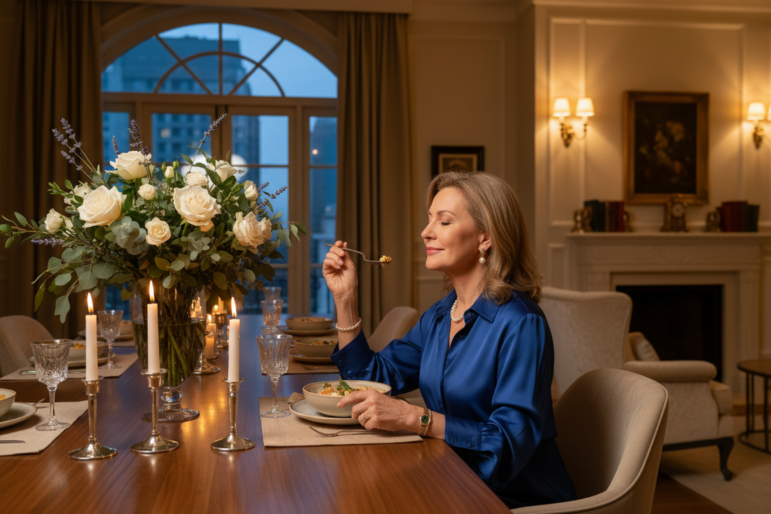 Elegant woman in her 50s enjoying a nourishing meal at a luxury dining table with candles and fresh flowers, looking deeply satisfied and present