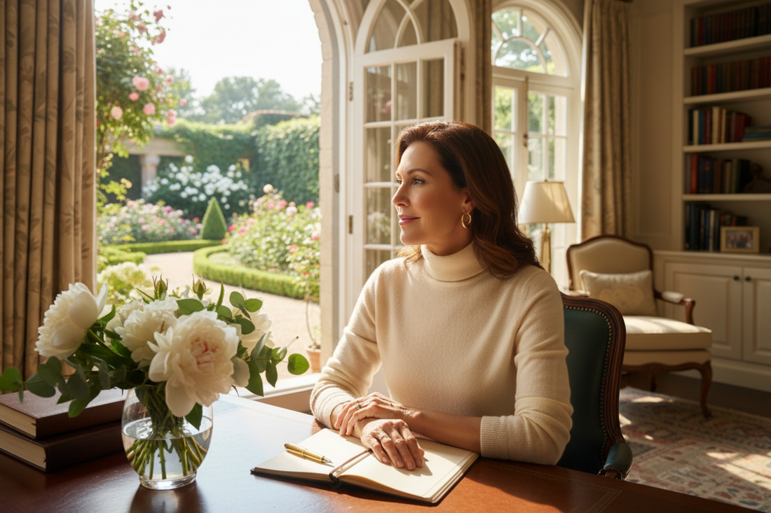 Elegant woman in her 50s sitting in a sunlit luxury home office looking out at a garden with a journal open, expressing quiet clarity and inner knowing