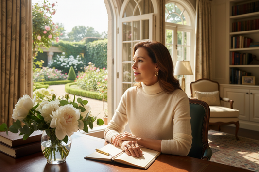 Elegant woman in her 50s sitting in a sunlit luxury home office looking out at a garden with a journal open, expressing quiet clarity and inner knowing