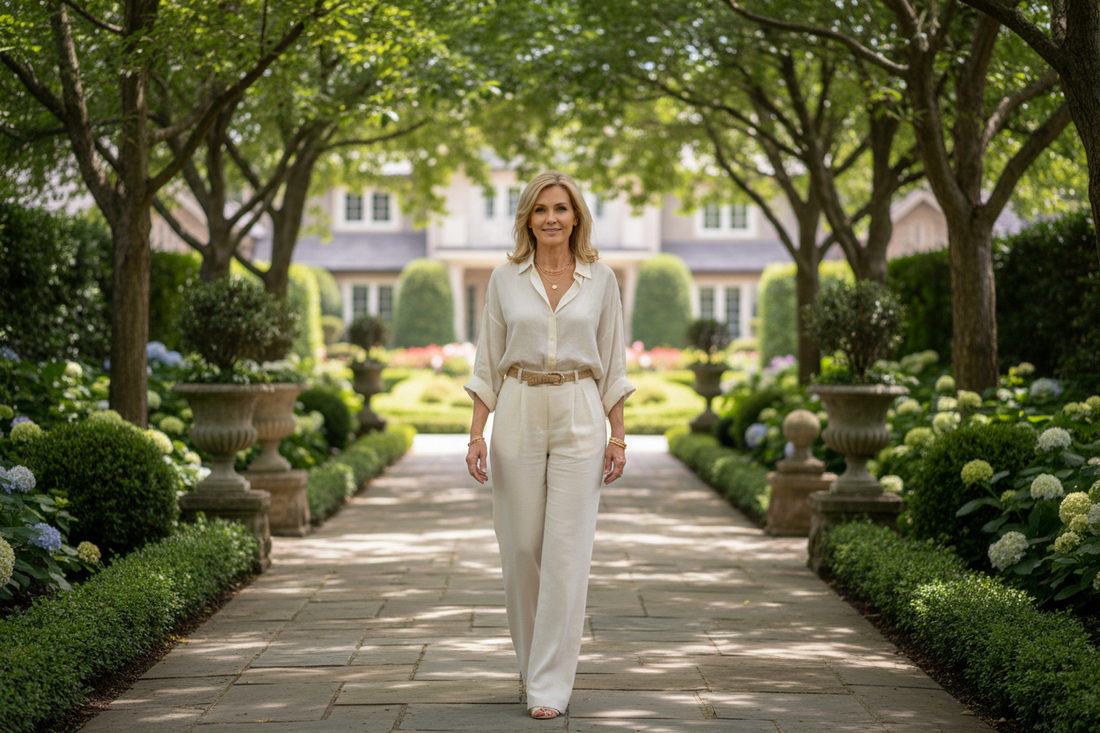 Elegant woman in her 50s walking along a beautiful tree-lined path in a chic linen outfit, looking relaxed and deeply at peace in soft dappled sunlight
