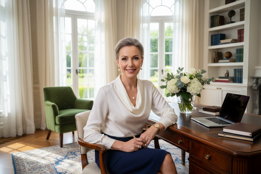 Elegant professional woman in her 50s working from a luxurious home office with fresh flowers and soft natural light, representing doctor-supervised weight loss support for high-achieving women