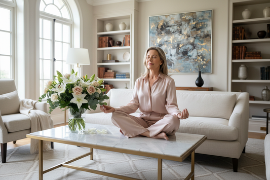 Elegant woman in silk blouse sitting peacefully in a luxurious living room, experiencing emotional calm that supports her weight loss journey