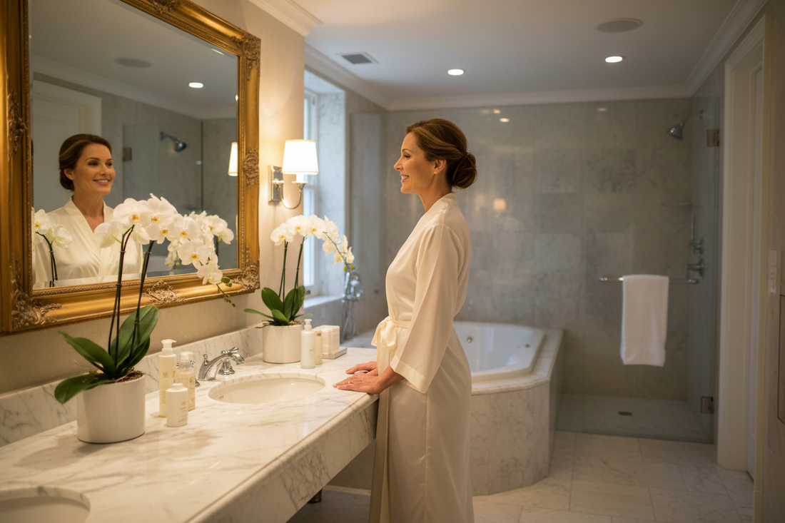 Elegant woman in silk robe smiling confidently at her reflection in a luxurious spa bathroom mirror, celebrating her natural weight loss transformation