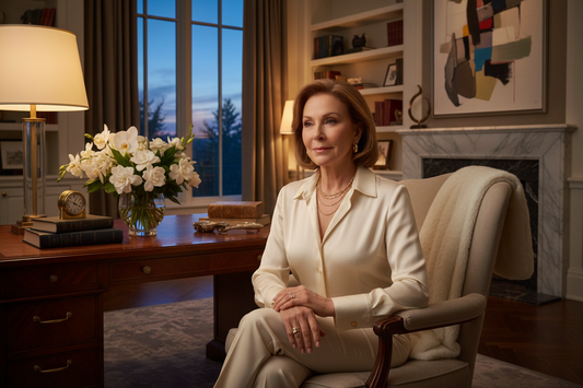 Elegant woman in her early 60s sitting in a luxurious home office at dusk, calm and reflective, wearing a silk blouse and gold jewelry, soft warm lamp light, fresh flowers on a mahogany desk, high-end decor