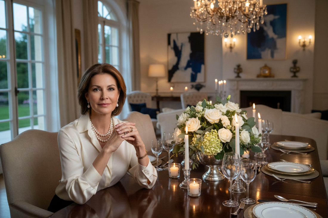 Elegant woman in silk blouse sitting calmly at a luxurious dining table, experiencing complete control over her appetite during her weight loss journey