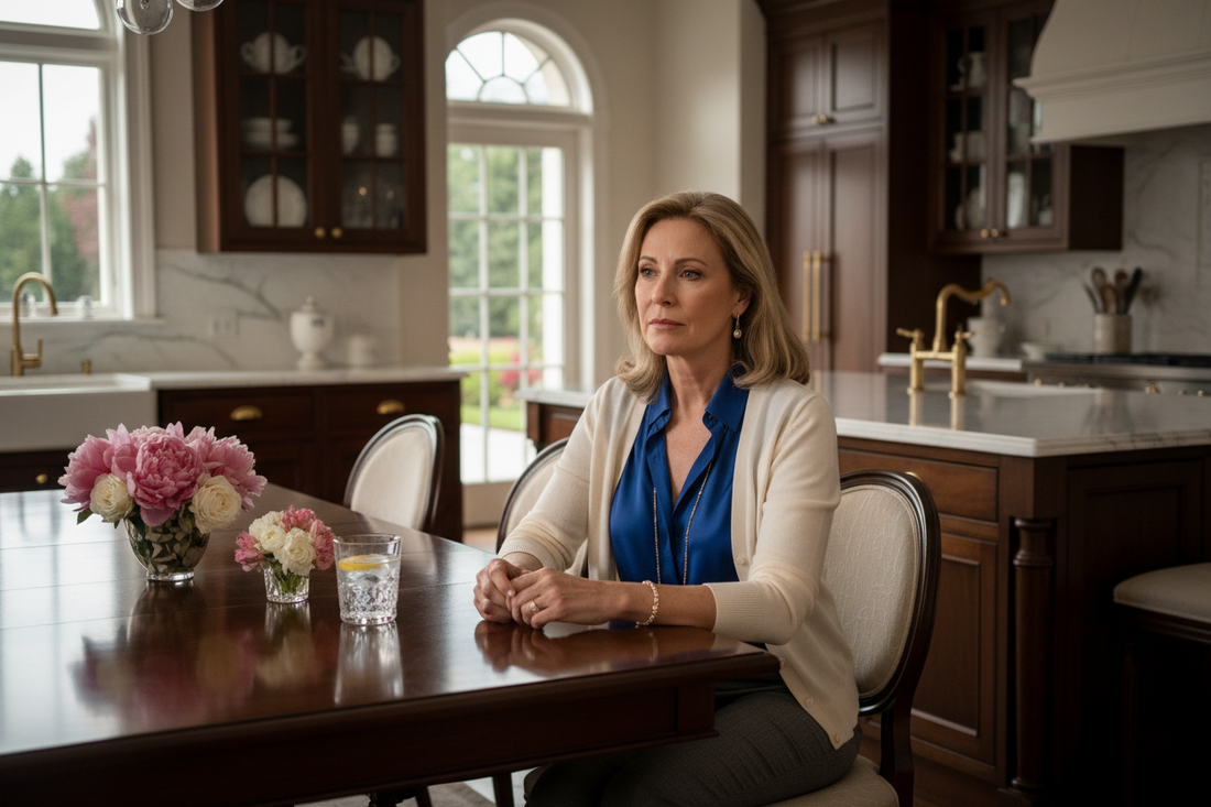 Elegant woman in her 50s sitting at a beautifully set dining table in a luxurious home kitchen, looking thoughtful after a long day in soft warm evening light