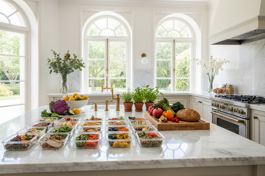 Luxurious marble kitchen with elegant meal prep containers and fresh organic vegetables arranged on a countertop