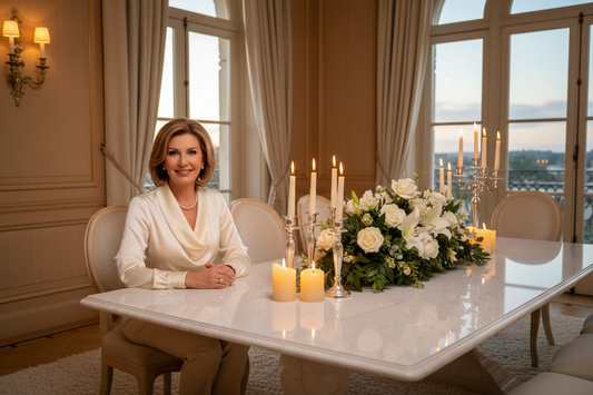 Elegant woman in her 50s dining by warm candlelight in a luxurious home, soft golden light, silk blouse, fresh flowers on marble table, radiant and relaxed