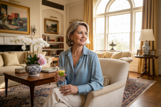  Elegant woman in her 50s sitting serenely in a luxurious living room holding a cool glass of water, radiant and composed in soft natural light