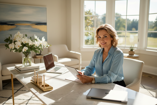  Elegant woman in her 50s sitting at a luxurious marble desk in a beautiful sunlit home office, looking focused and sharp, bright clear eyes, warm confident expression, silk blouse in soft blue, tasteful gold jewelry, fresh flowers, warm natural light