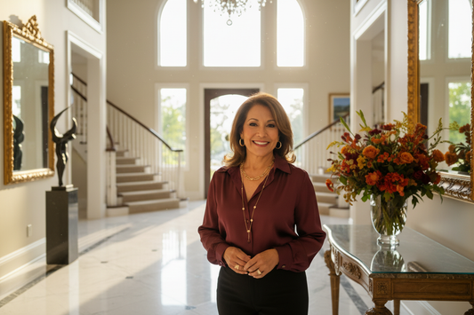  Elegant woman in her 50s standing confidently in a luxurious sunlit home entryway, bright warm smile, silk blouse in rich burgundy, tasteful gold jewelry, fresh flowers, warm golden late-summer light, radiant glowing skin