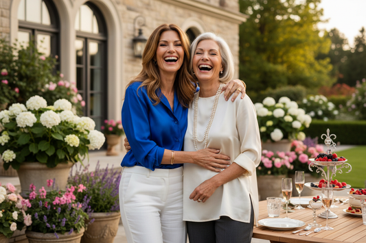 Two radiant elegant women in their 50s laughing and celebrating together in a luxurious home setting, both slim and vibrant after achieving midlife metabolic reset success through a doctor-supervised homeopathic weight loss program