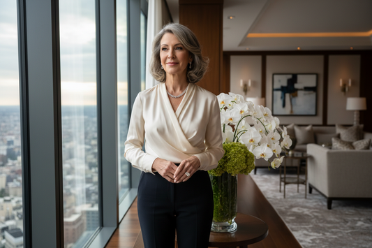 Elegant woman in her 50s standing tall and confident at a floor-to-ceiling window in a luxurious upscale home, gazing out with a serene and empowered expression, soft natural light and fresh flowers nearby