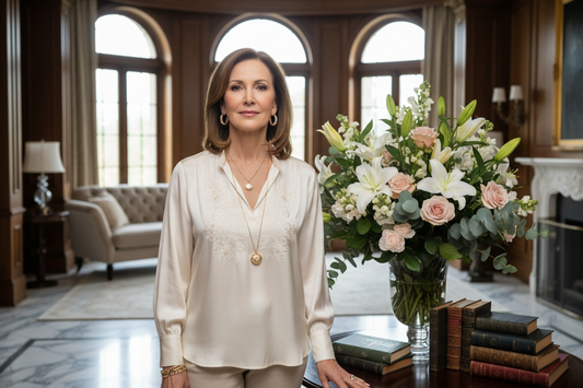  Elegant woman in her 50s standing tall with quiet confidence in a luxurious upscale home, radiant and determined in soft natural light