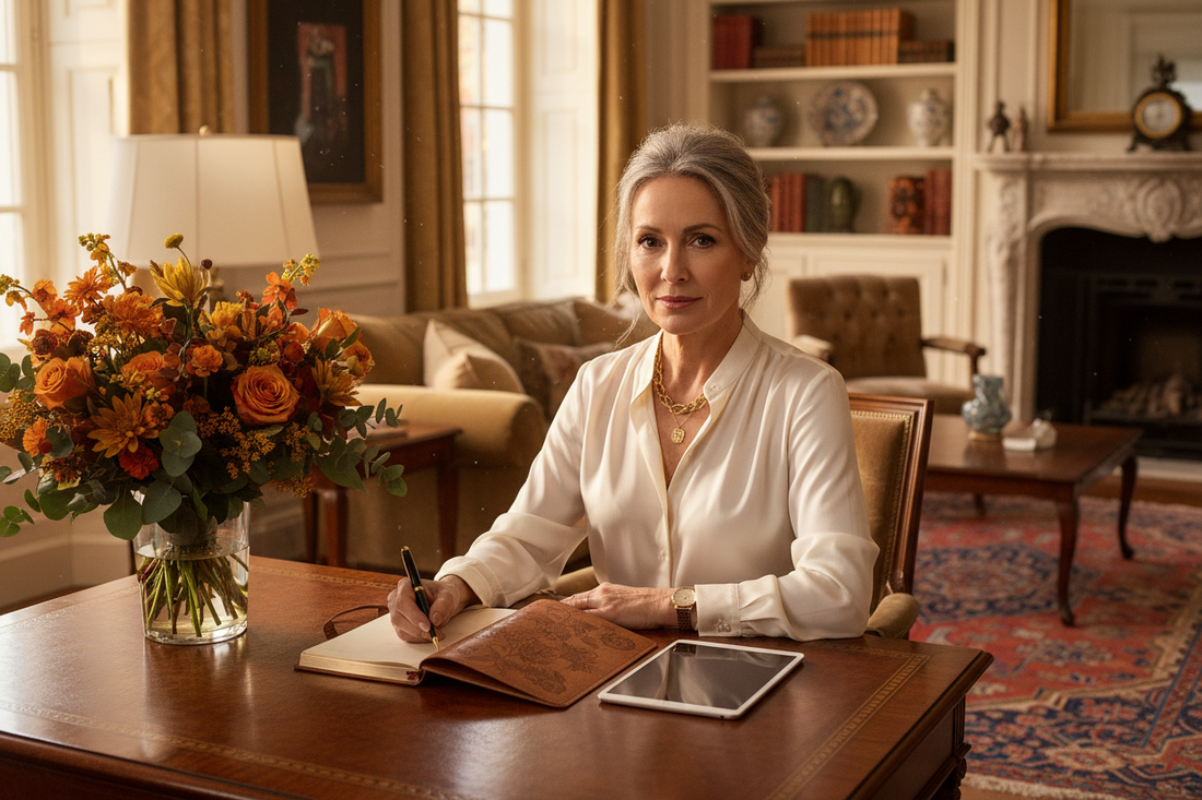 Elegant woman in her 50s writing in a planner with calm determination in a luxurious home interior with warm autumn light and fresh flowers nearby
