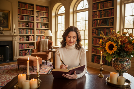 Sophisticated woman in her 50s journaling in a luxurious home study with autumn-toned decor, calm and empowered