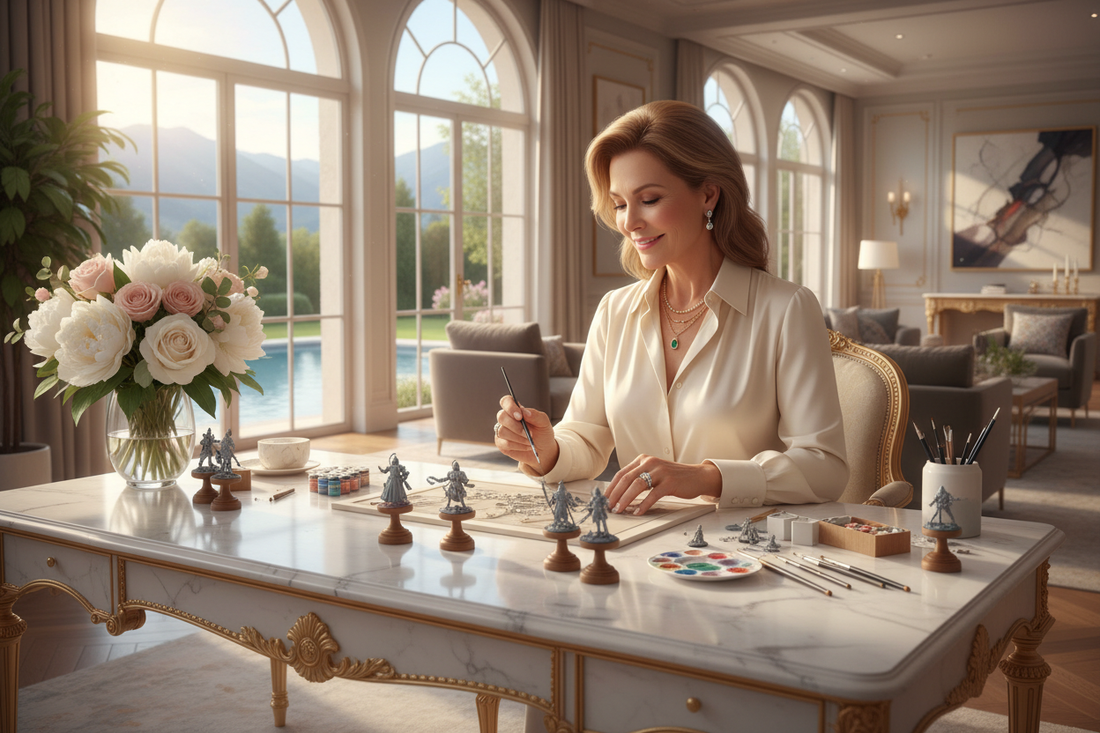 Extremely affluent elegant woman in her 50s painting exquisite miniature wargaming figures at a stunning white marble desk in a luxurious bright upscale home - Doctor-supervised weight loss program for miniature wargaming enthusiasts