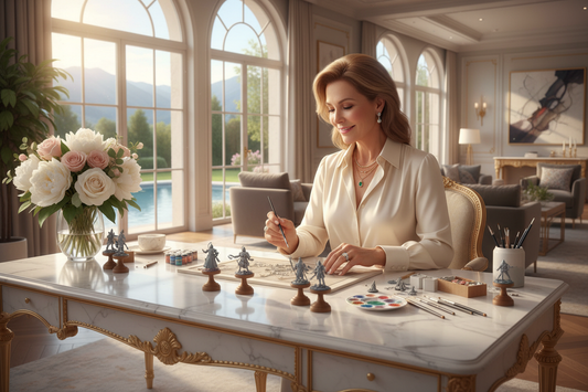 Extremely affluent elegant woman in her 50s painting exquisite miniature wargaming figures at a stunning white marble desk in a luxurious bright upscale home - Doctor-supervised weight loss program for miniature wargaming enthusiasts