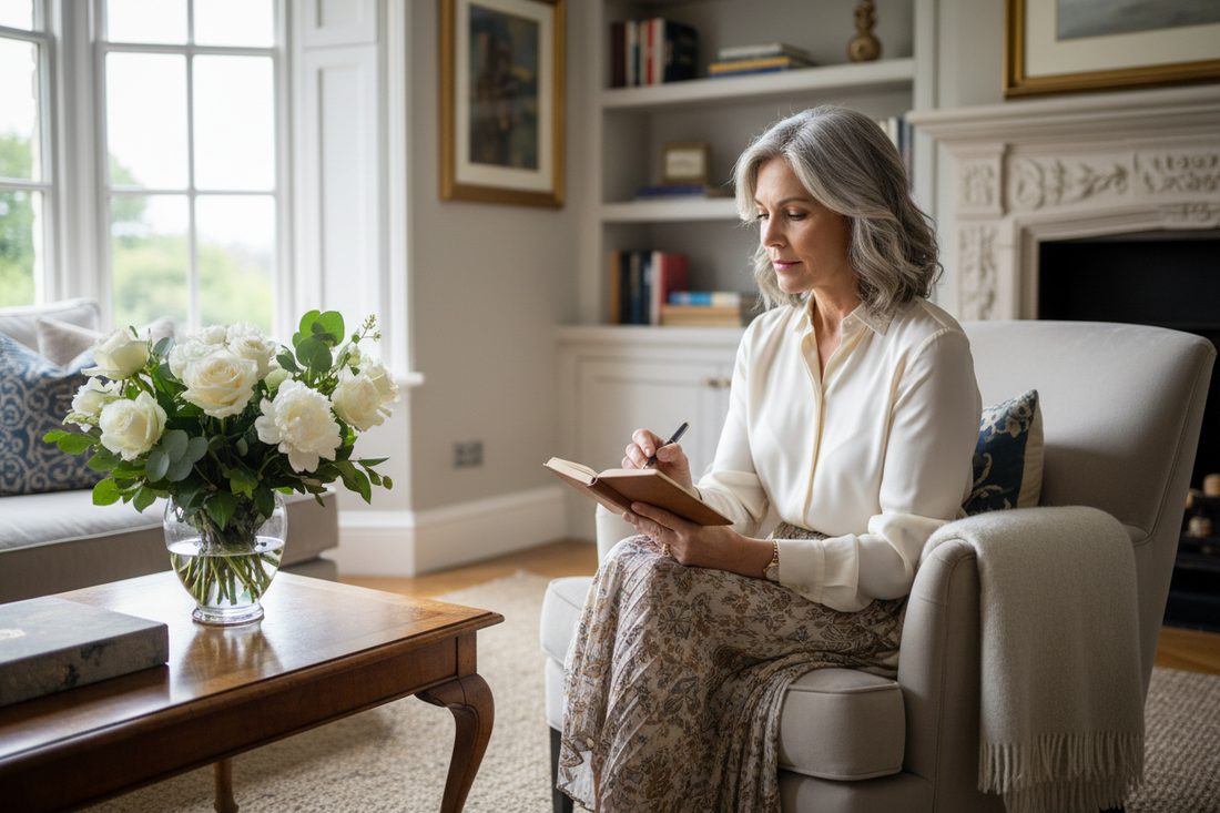 Elegant woman in her 50s sitting in a luxurious living room writing in a small notebook with a peaceful reflective expression, soft natural light and fresh flowers