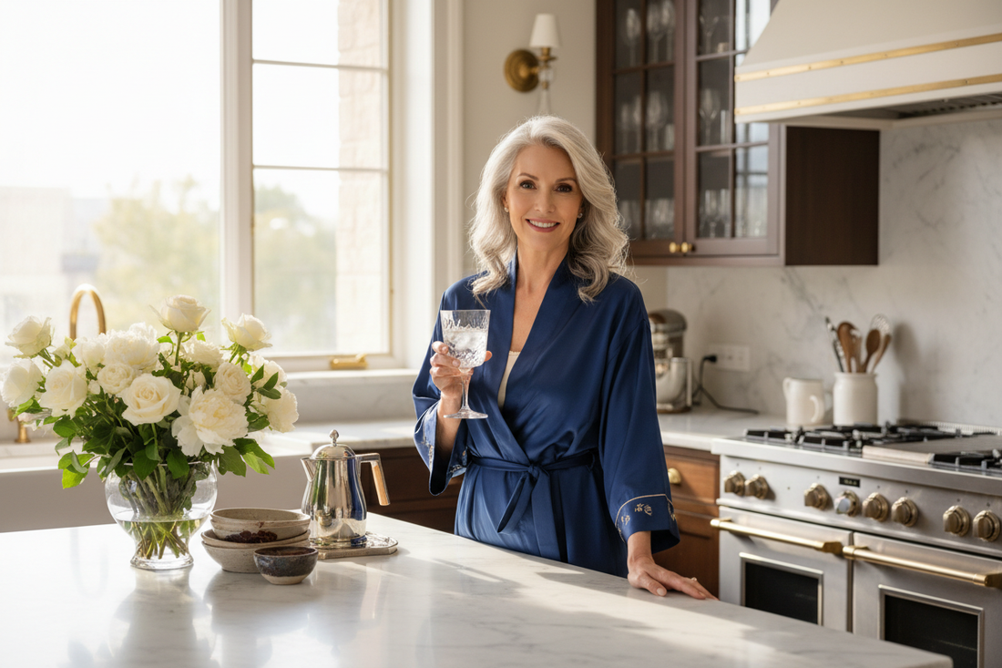 Elegant woman in her 50s standing in a sunlit luxury kitchen, wearing a silk robe, holding a glass of water, looking radiant, relaxed, and confident with fresh flowers on a marble countertop.