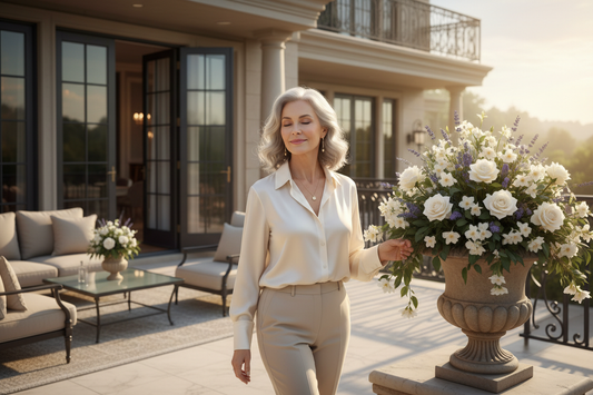 Elegant woman in her 50s stepping outside onto a luxurious terrace in soft golden morning light, eyes gently closed, silk blouse and tasteful jewelry, radiant and peaceful expression