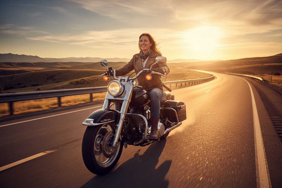Confident woman on a motorcycle on an open road, motorcycle riding and weight loss