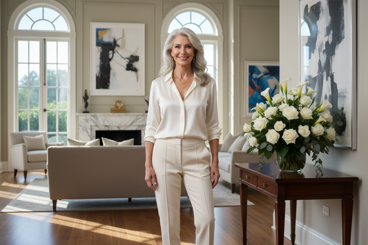 Elegant woman in her 50s standing tall and strong in a luxurious sunlit home, radiant and confident with a lean healthy appearance