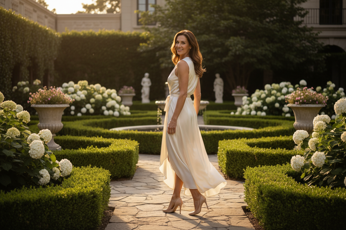 Elegant woman in her 50s walking confidently through a luxurious home garden in a flowing wrap dress, her slim toned figure reflecting perfectly preserved muscle through expert doctor-guided muscle-sparing fat loss on a homeopathic weight loss program