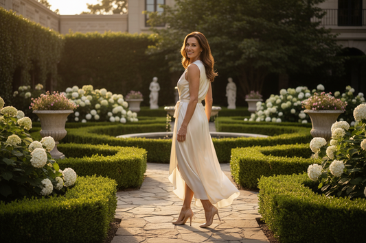 Elegant woman in her 50s walking confidently through a luxurious home garden in a flowing wrap dress, her slim toned figure reflecting perfectly preserved muscle through expert doctor-guided muscle-sparing fat loss on a homeopathic weight loss program