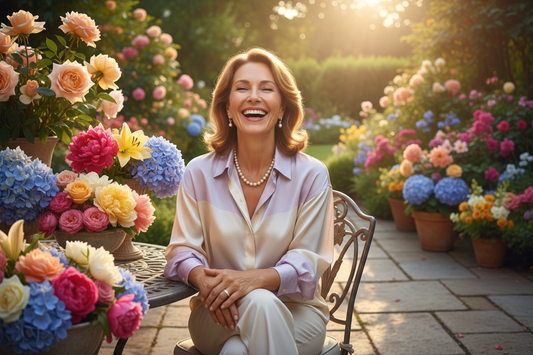  Elegant woman in her 50s laughing joyfully in a stunning sunlit garden, radiant glowing skin, vibrant colorful blooming flowers, silk blouse, tasteful pearl jewelry, warm golden morning light, luxurious outdoor patio