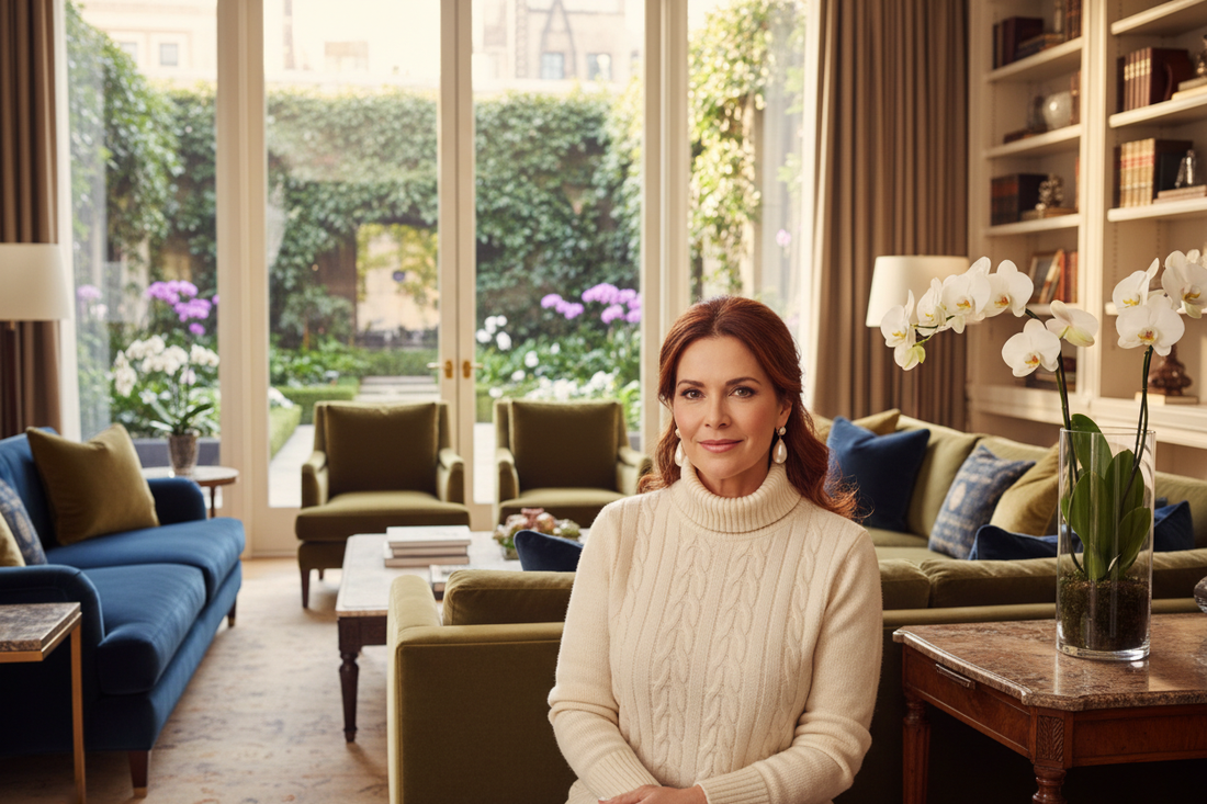 Elegant woman in her late 40s with auburn hair wearing a cashmere sweater, sitting in a luxurious living room with floor-to-ceiling windows, fresh orchids, and warm golden light