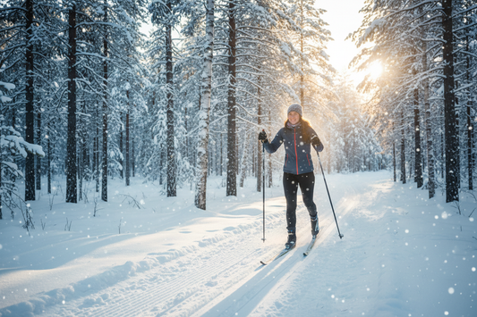 "Woman Nordic skiing through a snowy forest landscape, embracing endurance and nature as part of a healthy weight loss lifestyle"