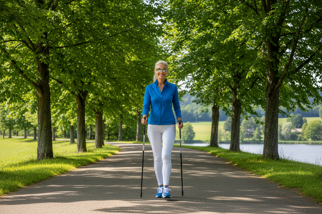 Elegant woman Nordic walking on a scenic tree-lined path supporting her weight loss journey with Dr. Donna Restivo