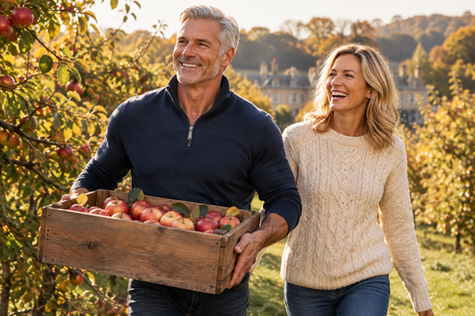 Smiling silver-haired man carrying a crate of apples through a sunlit autumn orchard beside a laughing woman in a cream knit sweater