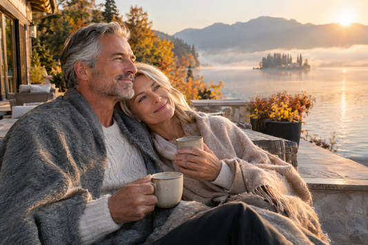 Smiling couple in their sixties wrapped in cashmere throws holding mugs on a sunlit lakeside terrace at sunrise with misty water and golden autumn trees