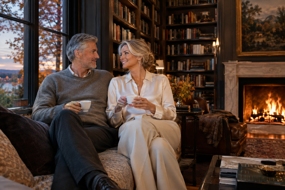 Smiling man in a grey sweater and woman in an ivory silk blouse holding teacups on a sofa in a home library with bookshelves, a glowing fireplace, and autumn trees at dusk