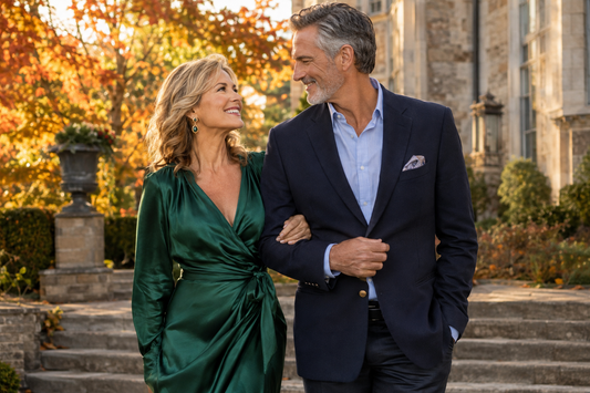 Smiling woman in an emerald silk wrap dress walking arm in arm with a man in a navy blazer on stone estate steps with glowing autumn trees behind them