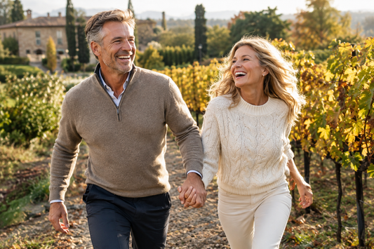 Laughing man in a taupe quarter-zip sweater and woman in a cream cable-knit sweater walking hand in hand along a path through golden autumn vineyards