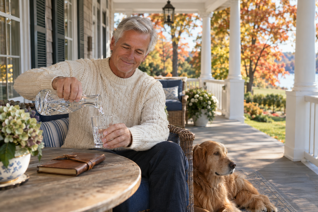 Smiling silver-haired man in a cream cable-knit sweater pouring water from a crystal carafe on a white porch with a golden retriever and autumn trees